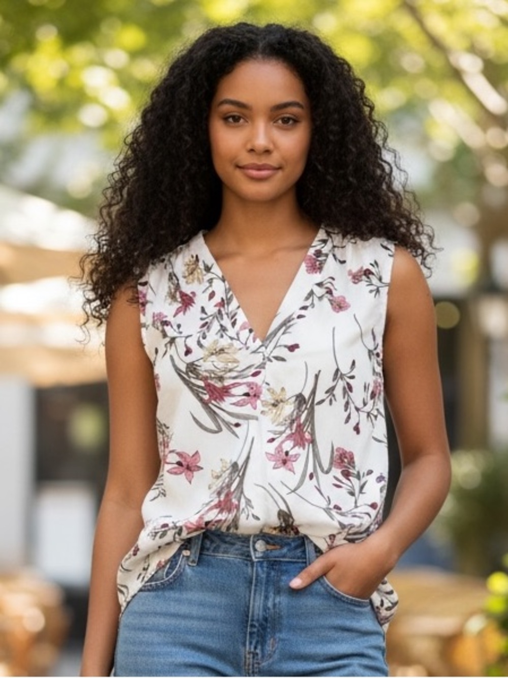 Vince Camuto White Floral Sleeveless V-Neck Camisole